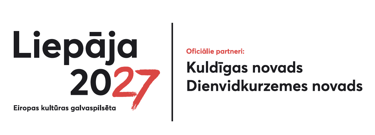 Liepāja 2027 — Eiropas kultūras galvaspilsēta. Oficiālie partneri: Kuldīgas novads un Dienvidkurzemes novads.